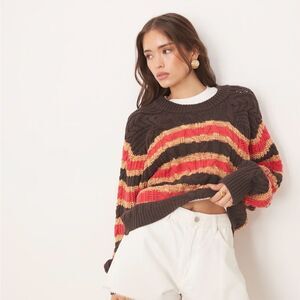 Free People Frankie Cable knit Striped Pullover in the Chocolate Combo